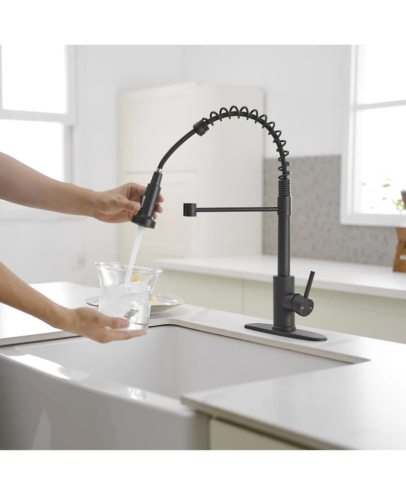 Greenspring Single-Handle Pull-Down Sprayer High Arc Kitchen Faucet With Deck Plate in Matte Black