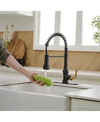Greenspring Single-Handle Pull-Down Sprayer 3 Spray High Arc Kitchen Faucet With Deck Plate in Matte Black & Gold