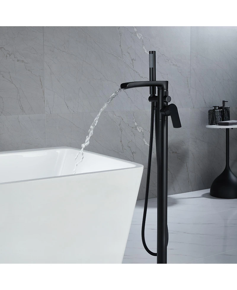 Greenspring Single-Handle Freestanding Floor Mount Roman Tub Faucet Bathtub Filler with Hand Shower in Matte Black