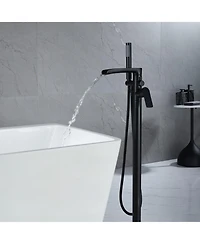 Greenspring Single-Handle Freestanding Floor Mount Roman Tub Faucet Bathtub Filler with Hand Shower in Matte Black