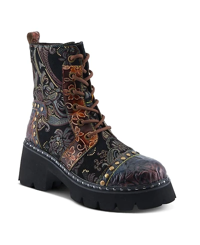 L Artiste Women s Severity Hand-Painted Lace-Up Combat Boot with Studs, Suede Shaft, and Lug Sole