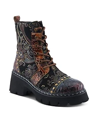 L Artiste Women s Severity Hand-Painted Lace-Up Combat Boot with Studs, Suede Shaft, and Lug Sole