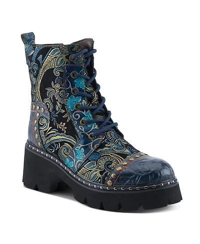 L Artiste Women s Severity Hand-Painted Lace-Up Combat Boot with Studs, Suede Shaft, and Lug Sole