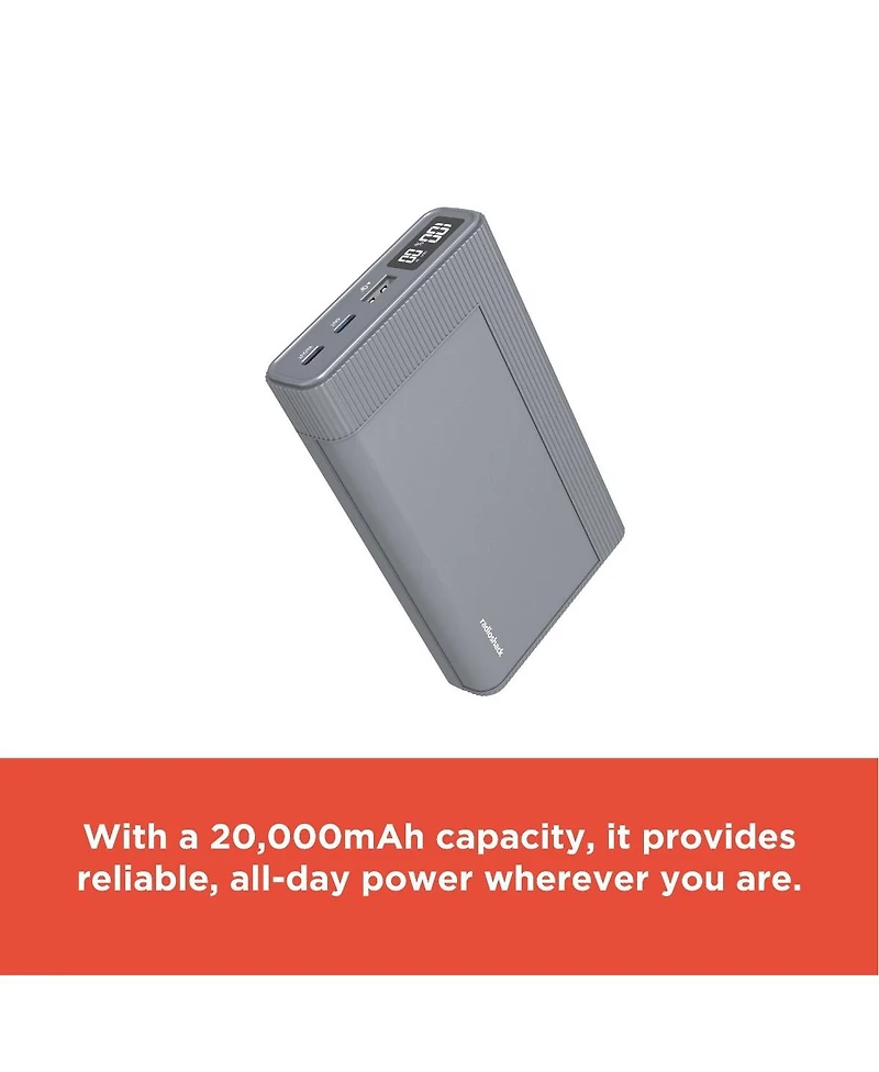 RadioShack Portable Charger 20,000 mAh 74 Wh Gray With Led Display On Charge Level Usb A and Usb C Out and Usb C In 2309275