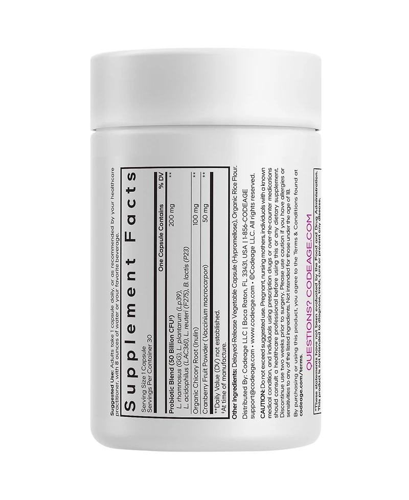 Codeage Women's Daily Probiotic Supplement – 50 Billion Cfu Supplement, Cranberry Fruit Powder, Prebiotic Chicory Root Inulin – Women's Wellness Suppo
