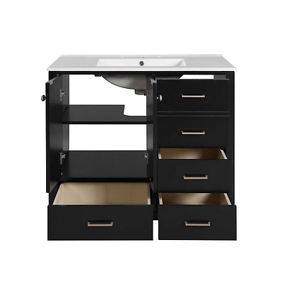 Chic Crate-36In Bathroom Vanity Ceramic Sink w/4 Drawers & Soft-Close Doors | Solid Wood Frame | Freestanding | Black