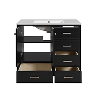 Chic Crate-36In Bathroom Vanity Ceramic Sink w/4 Drawers & Soft-Close Doors | Solid Wood Frame | Freestanding | Black