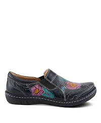 L'Artiste Women's Annawan Floral Embossed Handpainted Leather Comfort Slip-On Shoes with Stretch Gore and Padded Collar