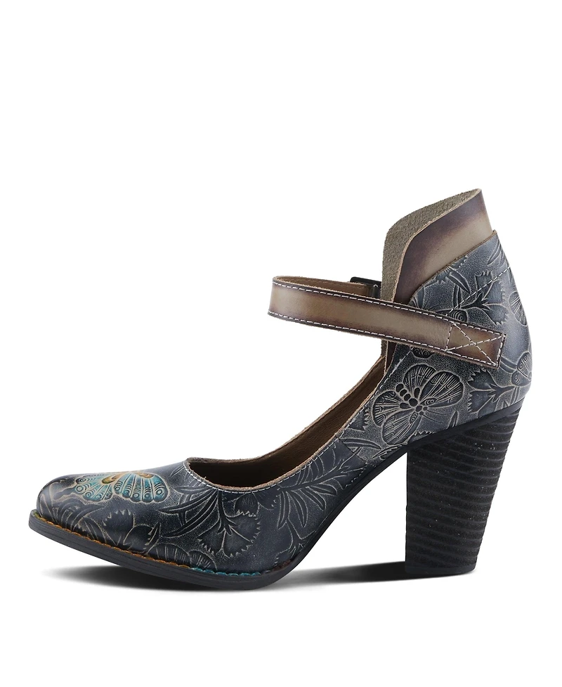 L Artiste Women s Foxglove Leather Pumps with Floral Butterfly Art, Ankle Strap, and Stacked Western Heel