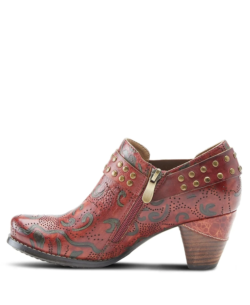 L'Artiste Women's Kacielou Western Shooties with Hand-Painted Leather, Studded Ankle Strap, Elastic Goring, and Cone Heel – Burnished Embossed Booties
