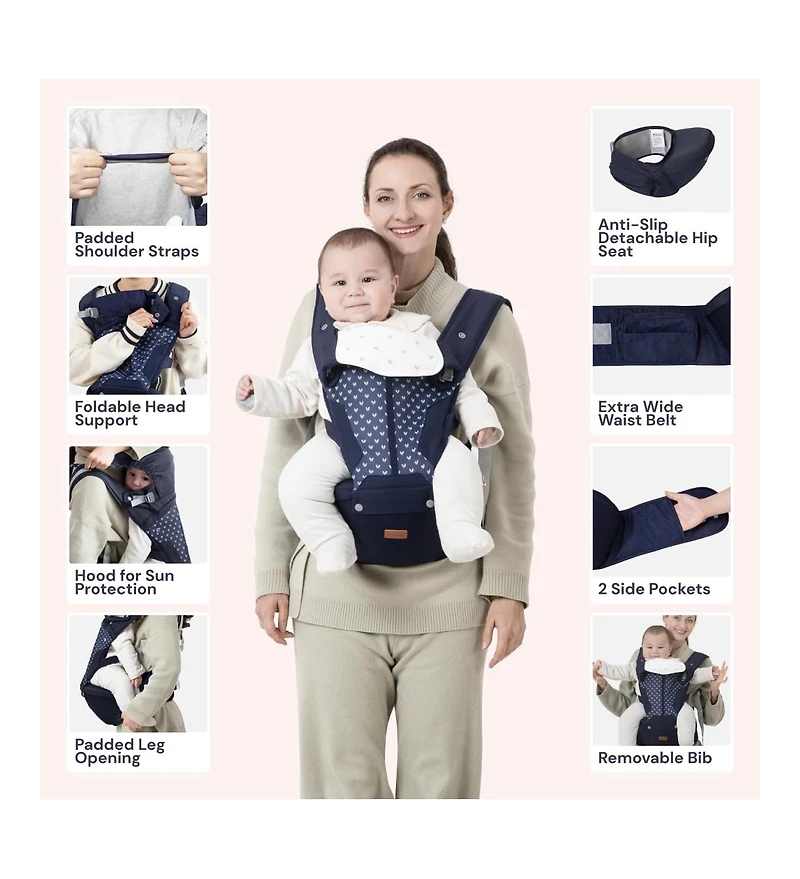 BabbleRoo Kids Carrier 6-in-1 Carrier with Hip Seat, Comfy & Adjustable, Navy Hearts