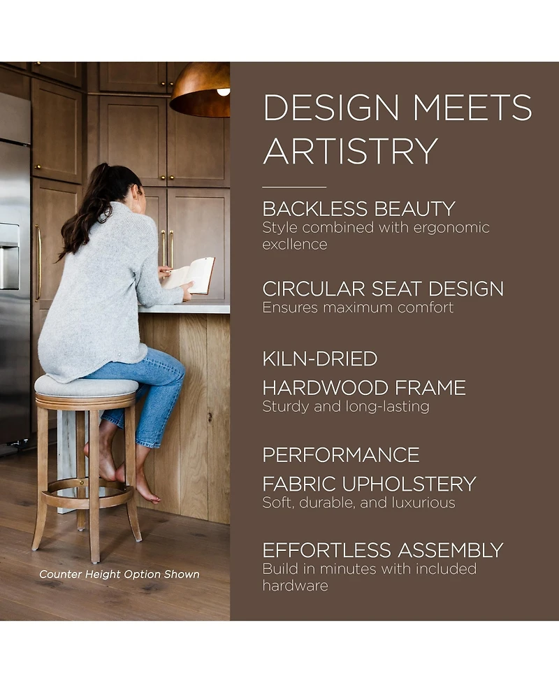 Maven Lane Eva Bar Stool in Weathered Oak with Sand Fabric Upholstery, Set of 2