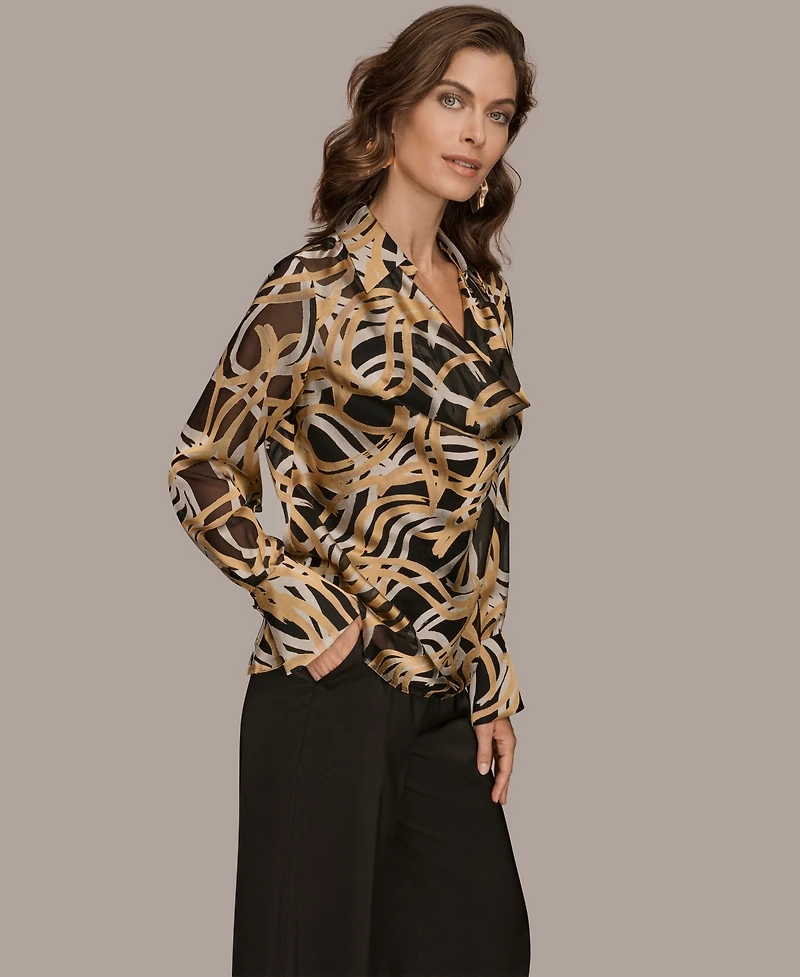 Donna Karan New York Women's Long Sleeve Burnout Cowl Neck Top