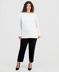 Anne Klein Plus Size Floral Pointelle-Sleeve Sweater