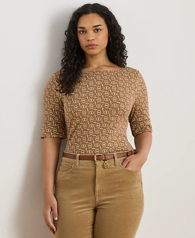 Lauren Ralph Plus Geo-Print Boat Neck T-Shirt