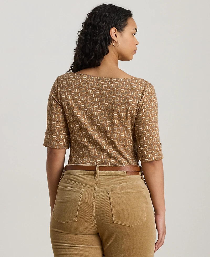 Lauren Ralph Plus Geo-Print Boat Neck T-Shirt