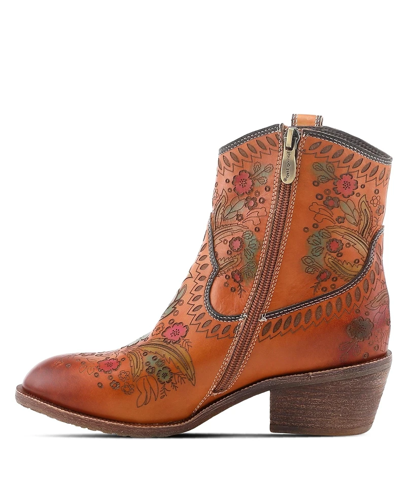L Artiste Women s Galop Handpainted Leather Western Booties with Floral Embossing, Pull Tab, and Side Zipper