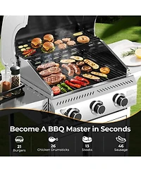 Cowsar Food Grade Stainless Steel 3-Burner Propane Gas Grill, 24000BTU , Foldable Side Table, Barbecue Grill for Outdoor Cooking, Backyard, Patio