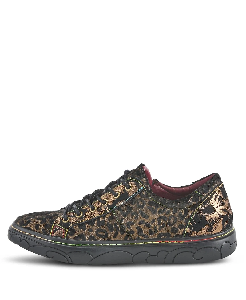L Artiste Women s Danli-cheeta Hand Painted Leather Platform Sneakers with Metallic Floral Accents and Removable Insole