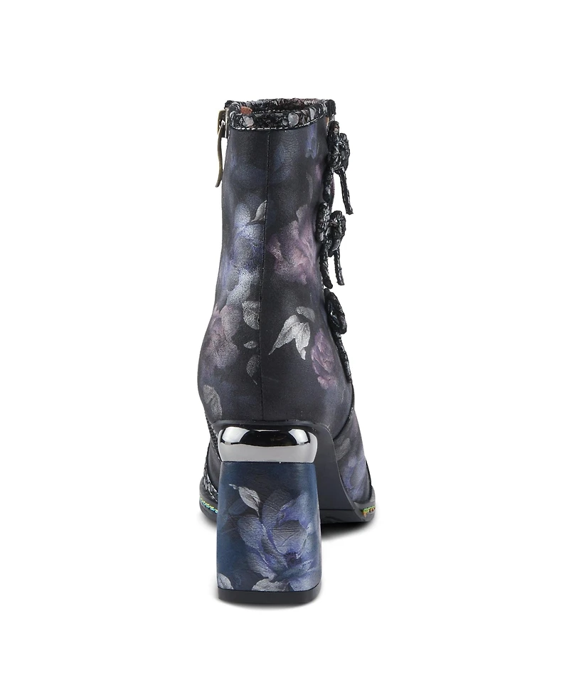 L'Artiste Women's Carre Floral Print Leather Booties with Metallic Cap Toe, Decorative Ribbons, Rainbow Stitching, and Printed Wrapped Heel – F
