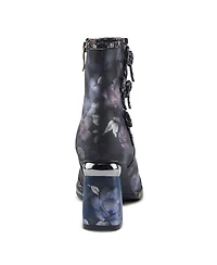 L'Artiste Women's Carre Floral Print Leather Booties with Metallic Cap Toe, Decorative Ribbons, Rainbow Stitching, and Printed Wrapped Heel – F