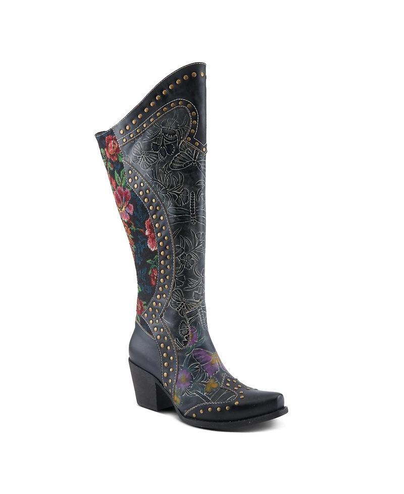 L'Artiste Women's Mallorie Hand-Painted Cowboy Boots with Floral and Butterfly Shaft Design, Snip Toe, Inside Zipper, Velvet Lining – Weste