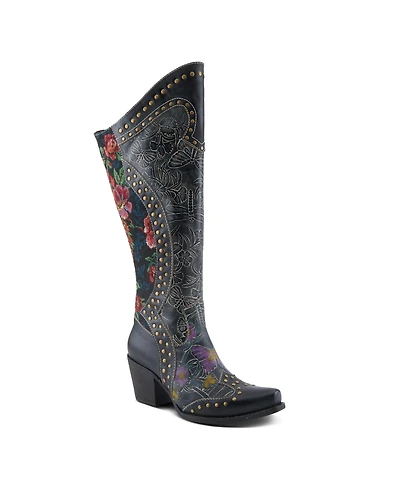 L'Artiste Women's Mallorie Hand-Painted Cowboy Boots with Floral and Butterfly Shaft Design, Snip Toe, Inside Zipper, Velvet Lining – Weste