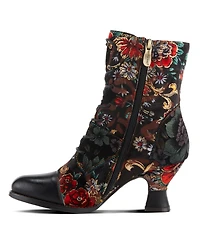 L Artiste Women s Roselia Lace-Up Floral Tapestry Boots with Sculpted Heel and Inside Zipper