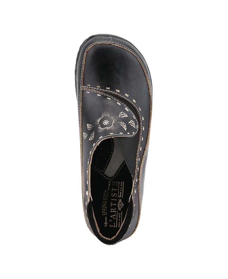 L Artiste Women s Burbank Hand-Painted Leather Clogs with Floral Embossing and Elastic Insets