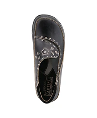 L Artiste Women s Burbank Hand-Painted Leather Clogs with Floral Embossing and Elastic Insets