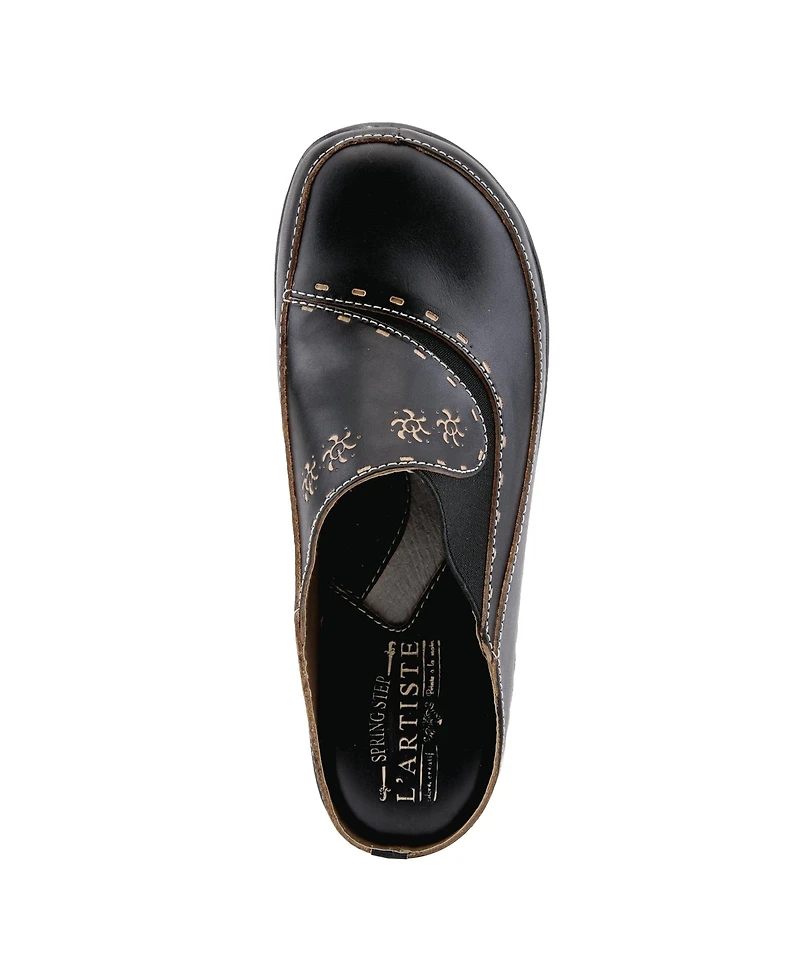 L Artiste Women s Chino Hand-Painted Open-Back Leather Clog with Embossed Details and Elastic Inset