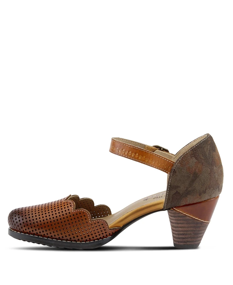 L'Artiste Women's Adodora Floral Tapestry Mary Jane Heels with Hook-and-Loop Strap, Scalloped Edges, Decorative Buckle, Cushioned Insole, and Flexible