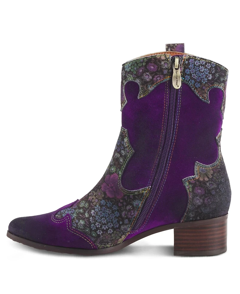 L'Artiste Women's Ladyluck Western Suede Booties with Floral Overlay and Block Heel