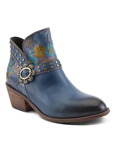 L'Artiste Women's Daintylady Western Ankle Boots with Hand-Painted Floral Embossing, Studded Belt Detail, Side Zipper, and 2¼" Heel –