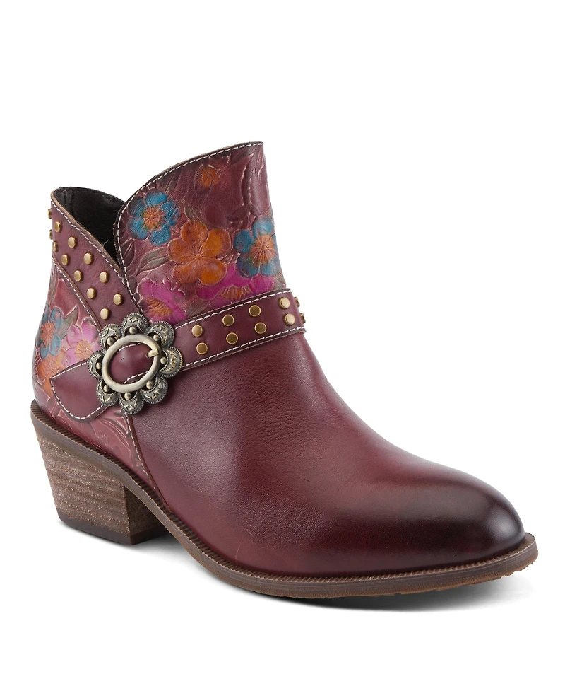 L'Artiste Women's Daintylady Western Ankle Boots with Hand-Painted Floral Embossing, Studded Belt Detail, Side Zipper, and 2¼" Heel –
