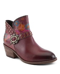 L'Artiste Women's Daintylady Western Ankle Boots with Hand-Painted Floral Embossing, Studded Belt Detail, Side Zipper, and 2¼" Heel –