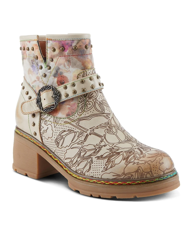 L'Artiste Women's Branchout Hand-Painted Leather Booties with Etched Botanical Motifs, Studded Buckle Strap, Inside Zipper, and Rainbow Stitching
