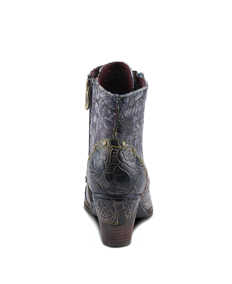 L'Artiste Women's Avyanna Velvet and Leather Ankle Boots with Embossed Floral Design, Cap Toe, Dual Zippers, Low Heel – Romantic Hand-Painted Stat