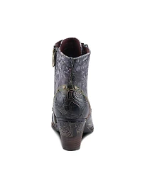L'Artiste Women's Avyanna Velvet and Leather Ankle Boots with Embossed Floral Design, Cap Toe, Dual Zippers, Low Heel – Romantic Hand-Painted Stat