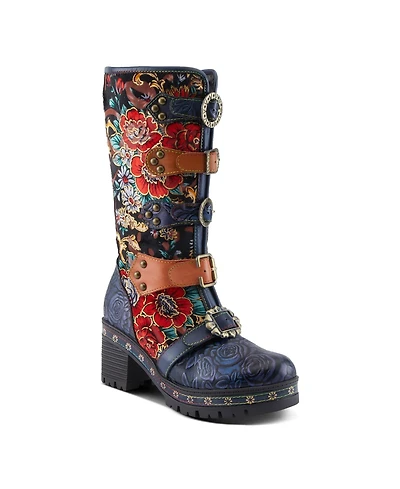 L Artiste Women s Brazen Mid-Shaft Boot with Embossed Floral Leather, Buckled Straps & Faux Fur Lining