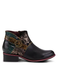 L'Artiste Women's Tiatia Hand-Painted Leather Ankle Boots with Asymmetrical Buckle Strap, Embossed and Suede Panels, Block Heel, Side Zipper – Fre