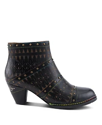L'Artiste Women's Niobe Leather Ankle Boots with Burnished Finish, Gold Studs, Etched Patterns, Inside Zipper, and Rainbow Stitching – Artisan