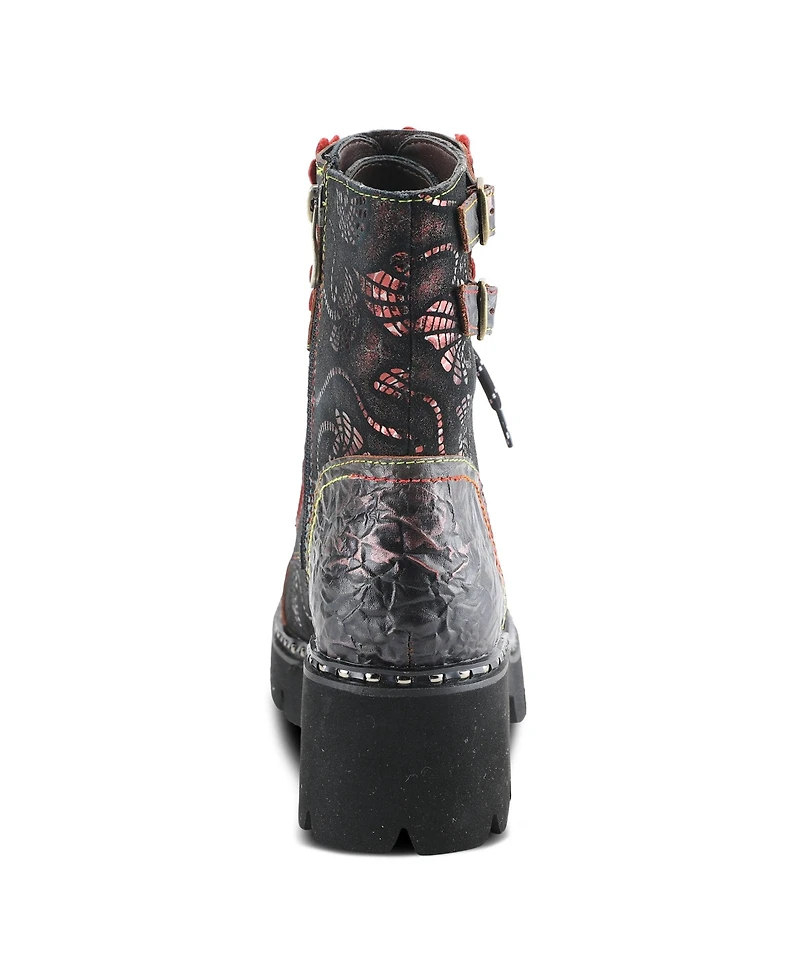 L Artiste Women s Limitless Leather Combat Boot with Floral Cutouts, Stud Accents & Rainbow Stitching