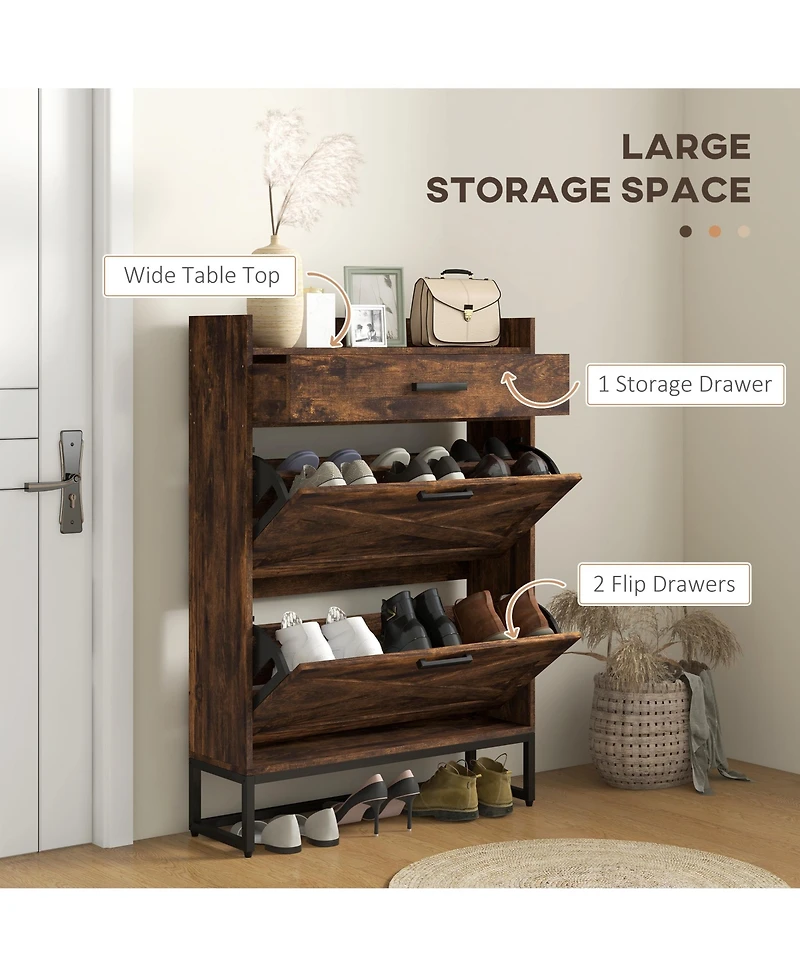 Homcom Narrow Shoe Cabinet with 2 Flip Doors and Top Drawer,
