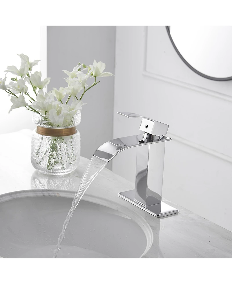 Greenspring Waterfall Single Handle Single Hole Modern Bathroom Faucet With Metal Drain Drip-Free Vanity Sink Faucet in Brushed Gold