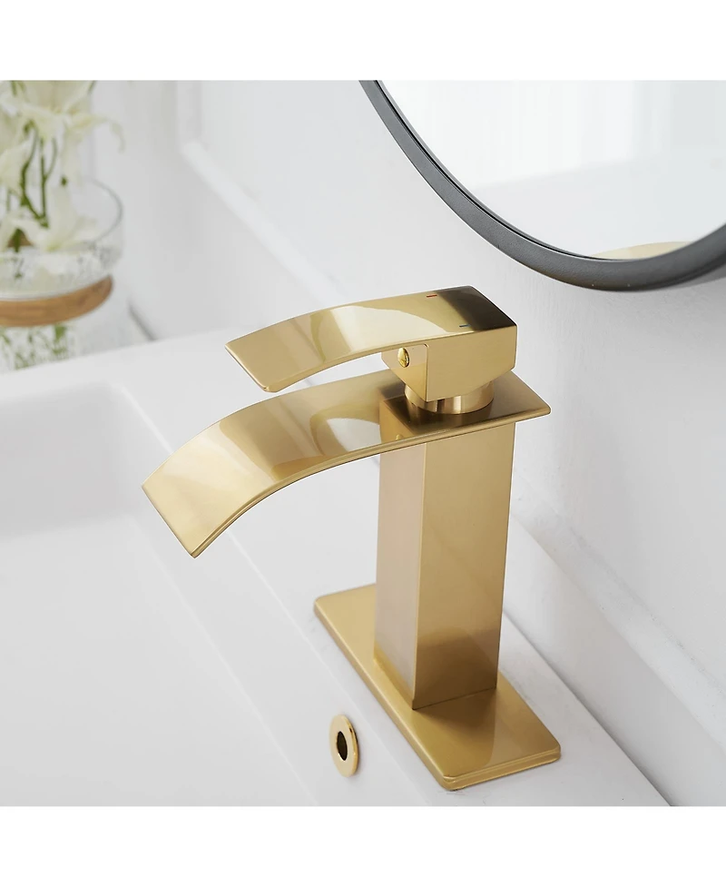 Greenspring Waterfall Single Handle Hole Modern Bathroom Faucet With Metal Drain Drip-Free Vanity Sink Brushed Gold