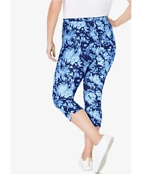 Woman Within Plus Stretch-Cotton Knit Pull-On Printed Capri Leggings