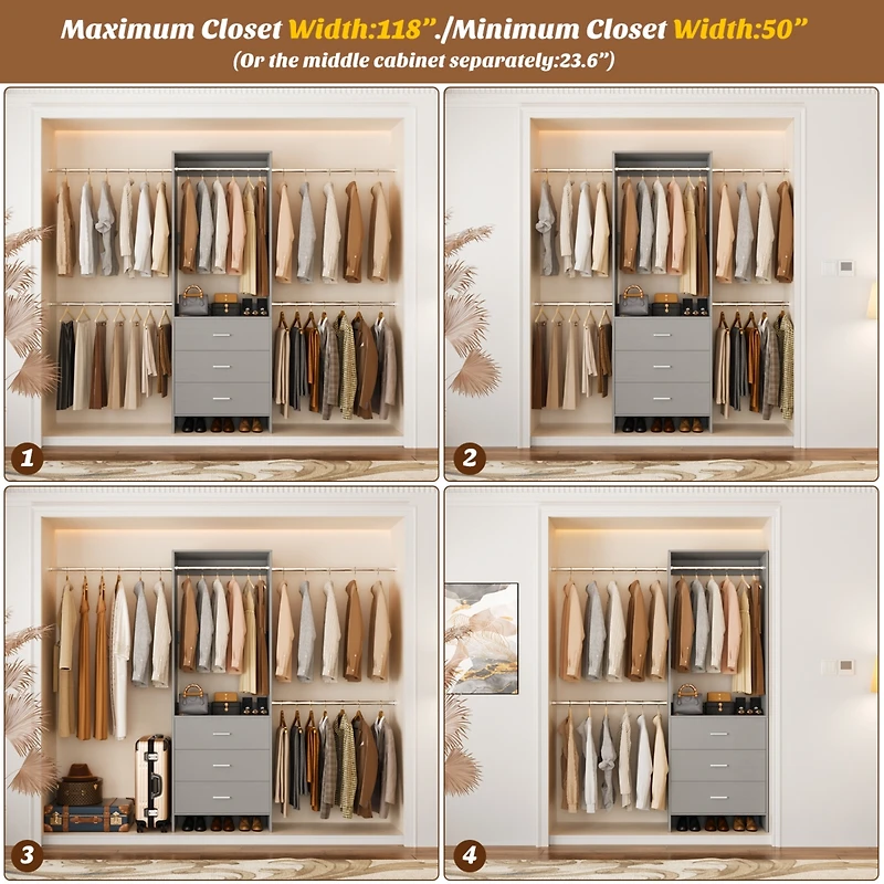 2-8 Ft Adjustable Closet System with 3 Wood Drawers and 4 Retractable Hanging Rods