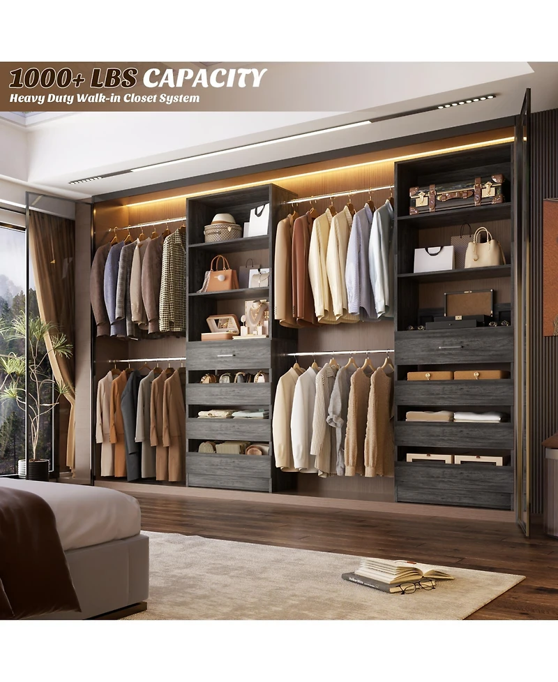 Aheaplus 8FT Wall Mounted Closet System with 4 Drawers and Hanging Rods, Garment Rack Shelves