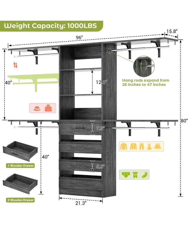 Aheaplus 96 inches Closet Organizer System with 4 Reversible Shelves and Wood Drawers, Wardrobe Clothes Rack Hanging Rods